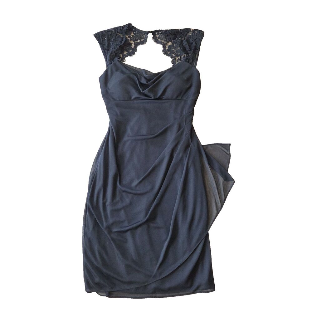 Black Lace Cap Sleeve Dress Sz 8 Cowl Neck Ruched Flattering Cocktail HOCO Gala